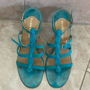 Ellen Tracey aqua suede sandal heels size 8 1/2M